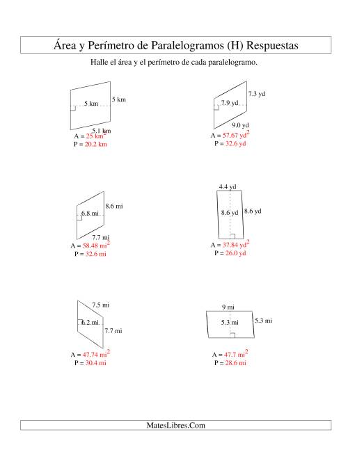 La hoja de ejercicios de Área y Perímetro de Paralelogramos, Un Lugar Decimal, Rango de 1 a 9 (H) Página 2