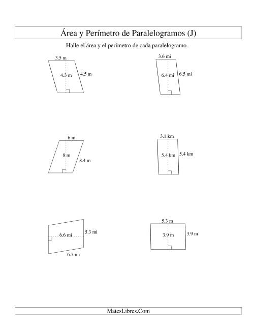 La hoja de ejercicios de Área y Perímetro de Paralelogramos, Un Lugar Decimal, Rango de 1 a 9 (J)