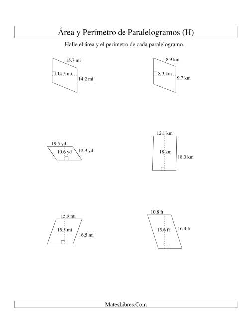 La hoja de ejercicios de Área y Perímetro de Paralelogramos, Un Lugar Decimal, Rango de 5 a 20 (H)