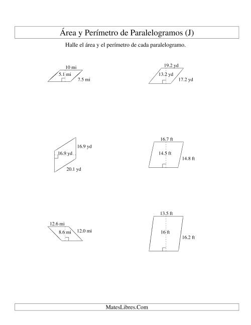 La hoja de ejercicios de Área y Perímetro de Paralelogramos, Un Lugar Decimal, Rango de 5 a 20 (J)