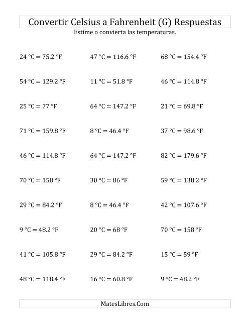 La hoja de ejercicios de Convertir de Grados Celsius a Fahrenheit sin Valores Negativos (G) Página 2