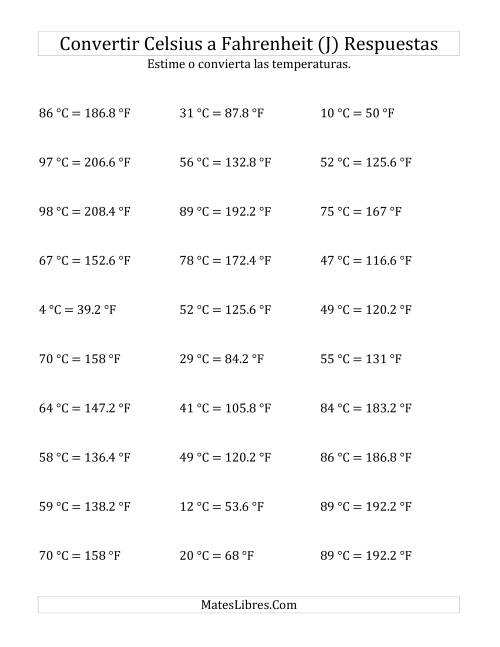 La hoja de ejercicios de Convertir de Grados Celsius a Fahrenheit sin Valores Negativos (J) Página 2