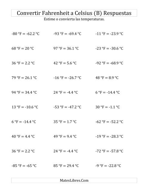 La hoja de ejercicios de Convertir de Grados Fahrenheit a Celsius con Valores Negativos (B) Página 2