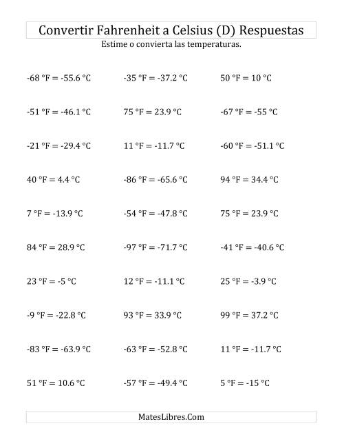 La hoja de ejercicios de Convertir de Grados Fahrenheit a Celsius con Valores Negativos (D) Página 2