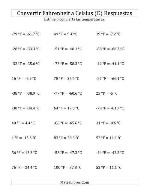 La hoja de ejercicios de Convertir de Grados Fahrenheit a Celsius con Valores Negativos (E) Página 2