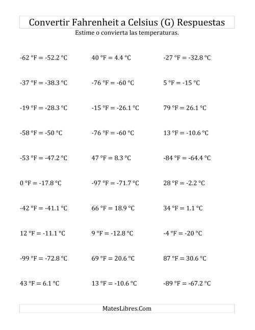 La hoja de ejercicios de Convertir de Grados Fahrenheit a Celsius con Valores Negativos (G) Página 2