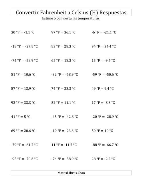 La hoja de ejercicios de Convertir de Grados Fahrenheit a Celsius con Valores Negativos (H) Página 2