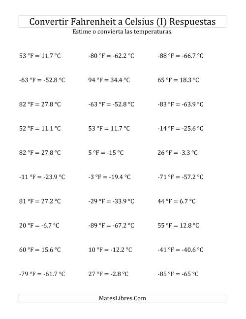 La hoja de ejercicios de Convertir de Grados Fahrenheit a Celsius con Valores Negativos (I) Página 2