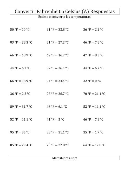La hoja de ejercicios de Convertir de Grados Fahrenheit a Celsius sin Valores Negativos (A) Página 2
