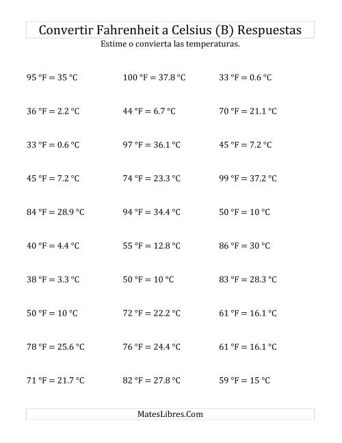 La hoja de ejercicios de Convertir de Grados Fahrenheit a Celsius sin Valores Negativos (B) Página 2