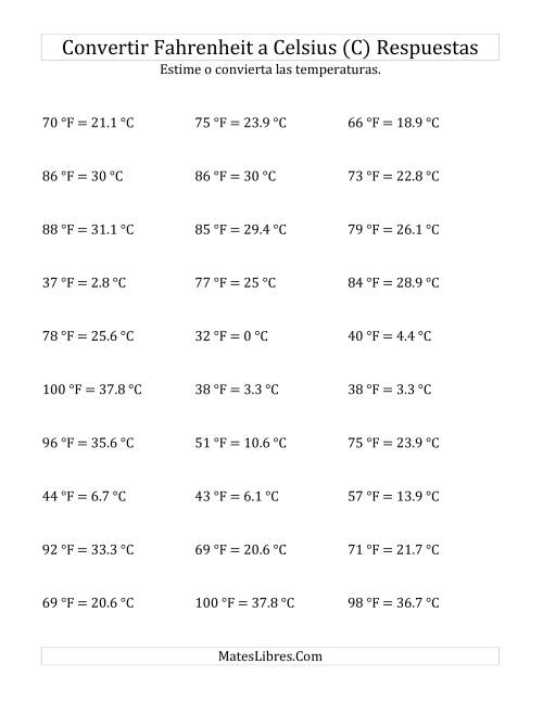La hoja de ejercicios de Convertir de Grados Fahrenheit a Celsius sin Valores Negativos (C) Página 2