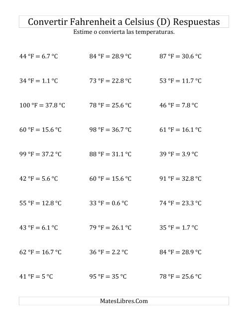 La hoja de ejercicios de Convertir de Grados Fahrenheit a Celsius sin Valores Negativos (D) Página 2