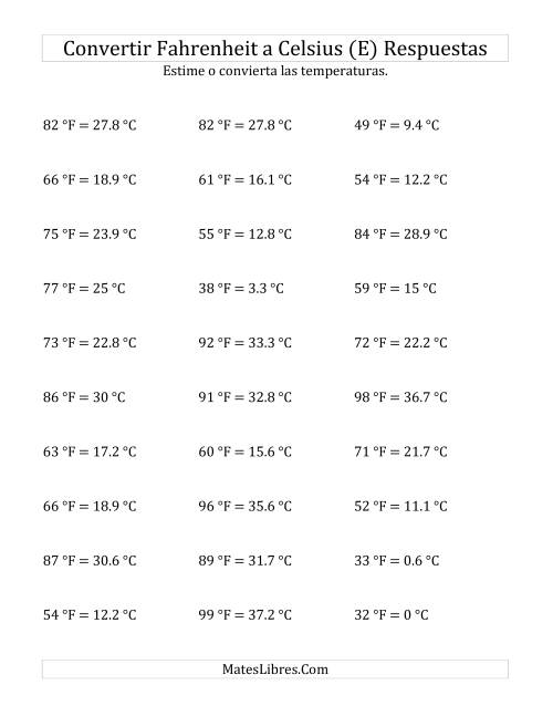 La hoja de ejercicios de Convertir de Grados Fahrenheit a Celsius sin Valores Negativos (E) Página 2