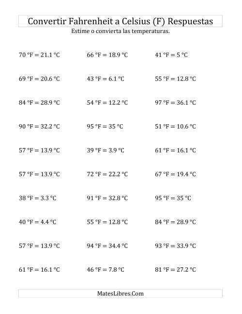 La hoja de ejercicios de Convertir de Grados Fahrenheit a Celsius sin Valores Negativos (F) Página 2