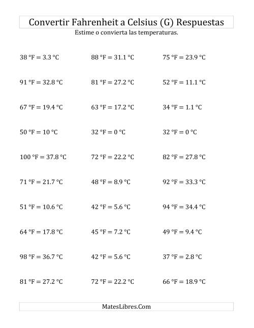 La hoja de ejercicios de Convertir de Grados Fahrenheit a Celsius sin Valores Negativos (G) Página 2
