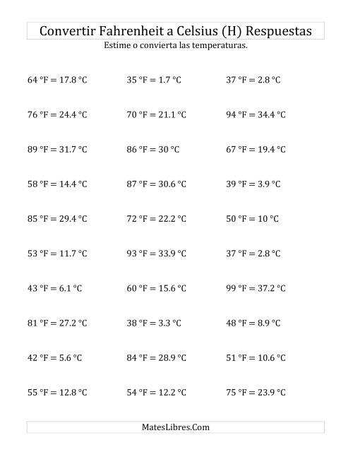 La hoja de ejercicios de Convertir de Grados Fahrenheit a Celsius sin Valores Negativos (H) Página 2
