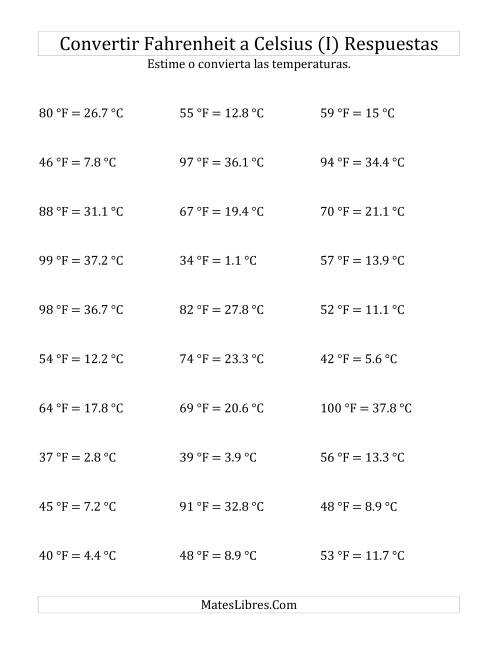 La hoja de ejercicios de Convertir de Grados Fahrenheit a Celsius sin Valores Negativos (I) Página 2
