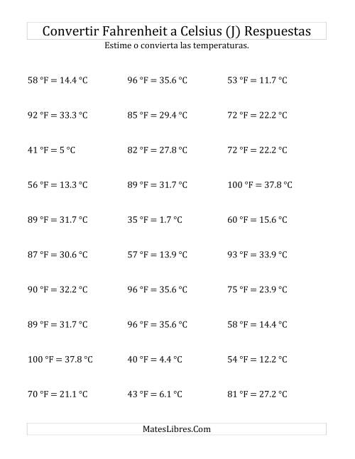 La hoja de ejercicios de Convertir de Grados Fahrenheit a Celsius sin Valores Negativos (J) Página 2