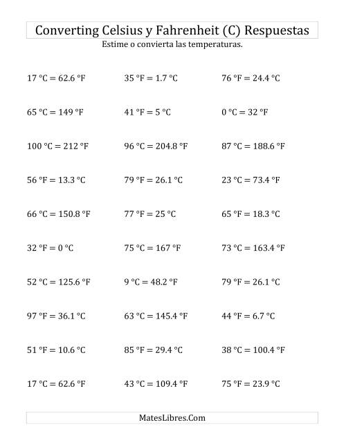 La hoja de ejercicios de Convertir entre Fahrenheit y Celsius sin Valores Negativos (C) Página 2