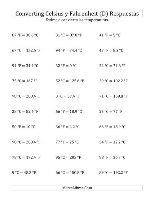 La hoja de ejercicios de Convertir entre Fahrenheit y Celsius sin Valores Negativos (D) Página 2