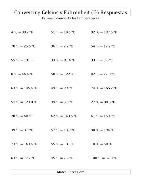 La hoja de ejercicios de Convertir entre Fahrenheit y Celsius sin Valores Negativos (G) Página 2