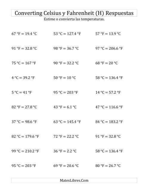 La hoja de ejercicios de Convertir entre Fahrenheit y Celsius sin Valores Negativos (H) Página 2