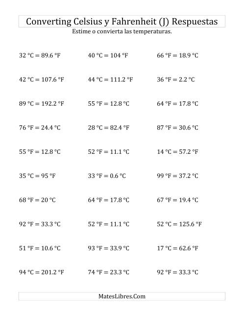 La hoja de ejercicios de Convertir entre Fahrenheit y Celsius sin Valores Negativos (J) Página 2