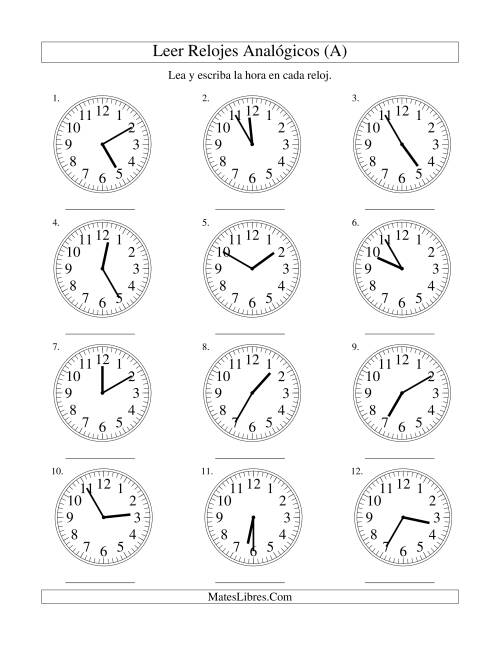 La hoja de ejercicios de Leer la Hora en un Reloj Analógico en Intervalos de 5 Minutos (A)