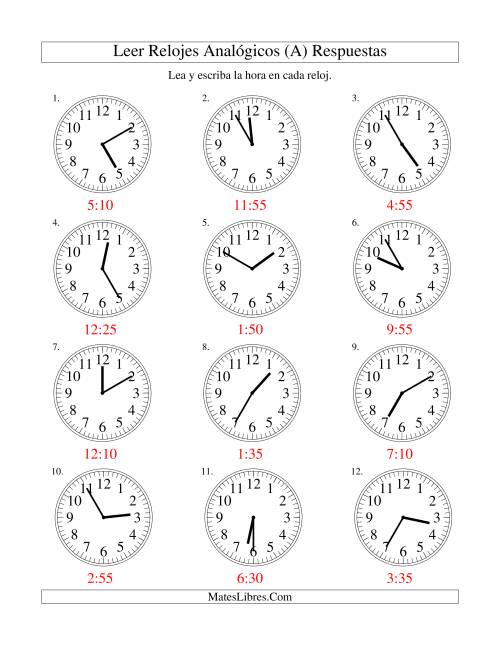 La hoja de ejercicios de Leer la Hora en un Reloj Analógico en Intervalos de 5 Minutos (A) Página 2