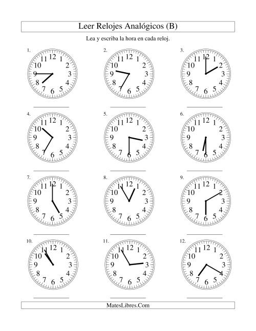 La hoja de ejercicios de Leer la Hora en un Reloj Analógico en Intervalos de 5 Minutos (B)