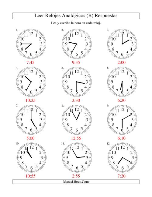La hoja de ejercicios de Leer la Hora en un Reloj Analógico en Intervalos de 5 Minutos (B) Página 2
