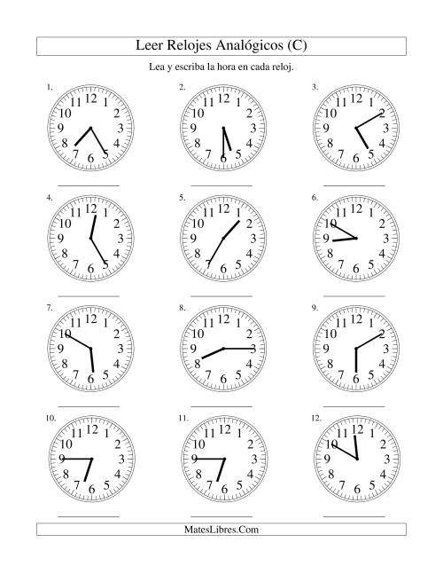 La hoja de ejercicios de Leer la Hora en un Reloj Analógico en Intervalos de 5 Minutos (C)