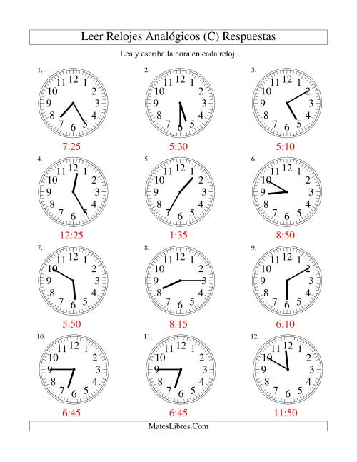 La hoja de ejercicios de Leer la Hora en un Reloj Analógico en Intervalos de 5 Minutos (C) Página 2