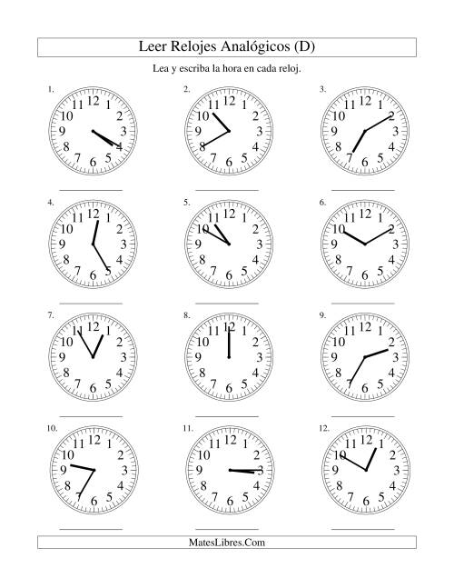 La hoja de ejercicios de Leer la Hora en un Reloj Analógico en Intervalos de 5 Minutos (D)