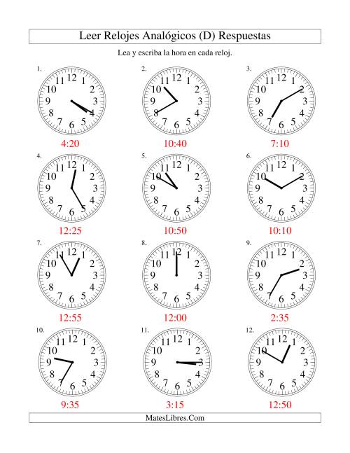 La hoja de ejercicios de Leer la Hora en un Reloj Analógico en Intervalos de 5 Minutos (D) Página 2