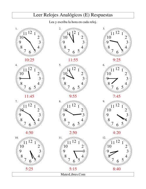La hoja de ejercicios de Leer la Hora en un Reloj Analógico en Intervalos de 5 Minutos (E) Página 2