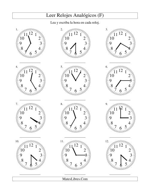 La hoja de ejercicios de Leer la Hora en un Reloj Analógico en Intervalos de 5 Minutos (F)