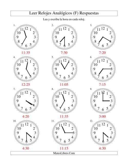 La hoja de ejercicios de Leer la Hora en un Reloj Analógico en Intervalos de 5 Minutos (F) Página 2
