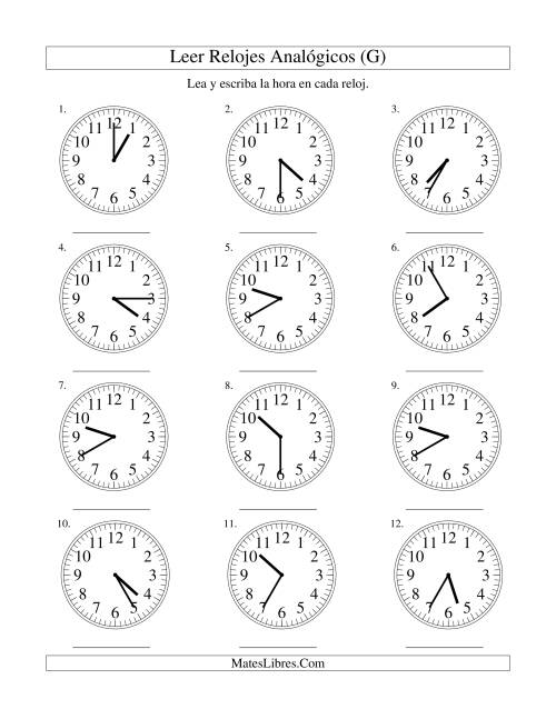La hoja de ejercicios de Leer la Hora en un Reloj Analógico en Intervalos de 5 Minutos (G)