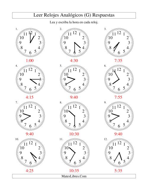 La hoja de ejercicios de Leer la Hora en un Reloj Analógico en Intervalos de 5 Minutos (G) Página 2