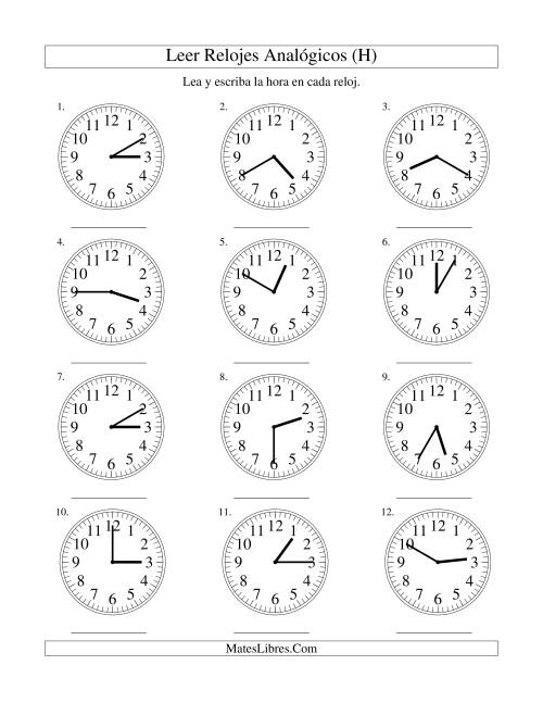 La hoja de ejercicios de Leer la Hora en un Reloj Analógico en Intervalos de 5 Minutos (H)