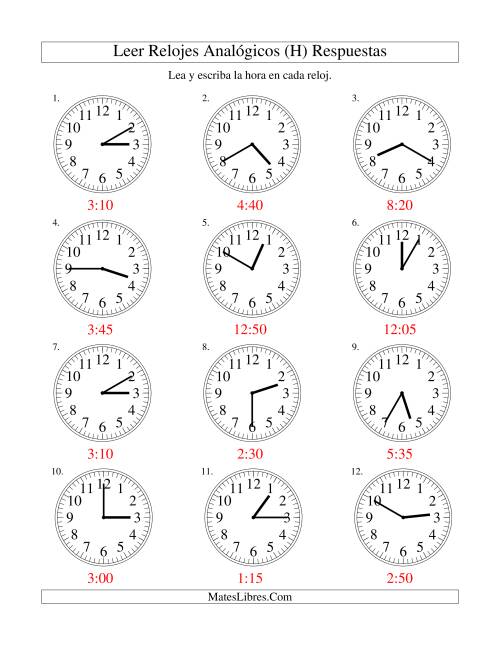 La hoja de ejercicios de Leer la Hora en un Reloj Analógico en Intervalos de 5 Minutos (H) Página 2