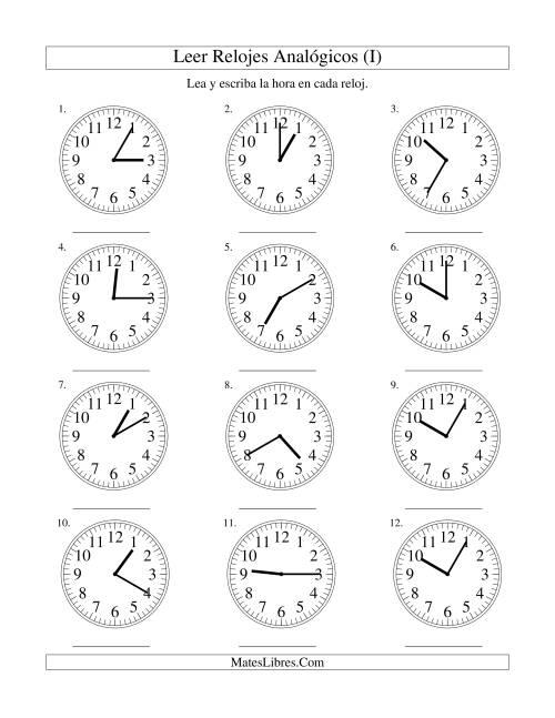 La hoja de ejercicios de Leer la Hora en un Reloj Analógico en Intervalos de 5 Minutos (I)