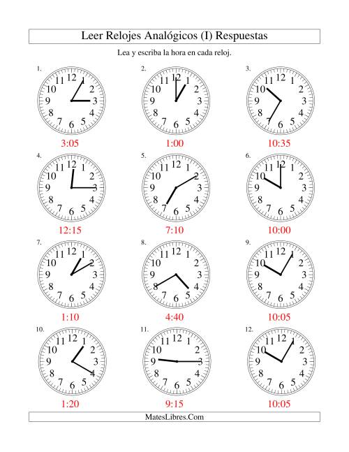La hoja de ejercicios de Leer la Hora en un Reloj Analógico en Intervalos de 5 Minutos (I) Página 2