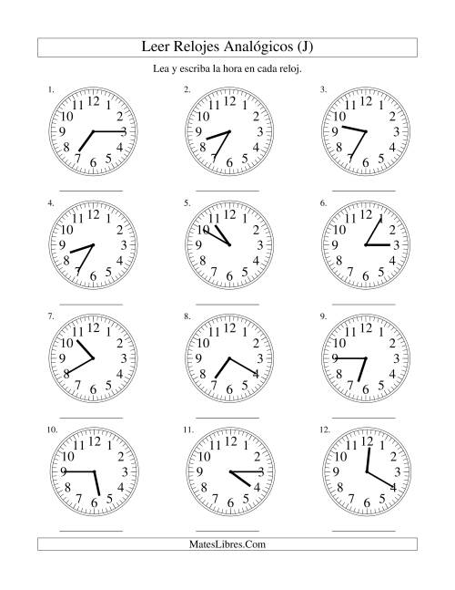 La hoja de ejercicios de Leer la Hora en un Reloj Analógico en Intervalos de 5 Minutos (J)