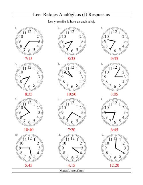 La hoja de ejercicios de Leer la Hora en un Reloj Analógico en Intervalos de 5 Minutos (J) Página 2