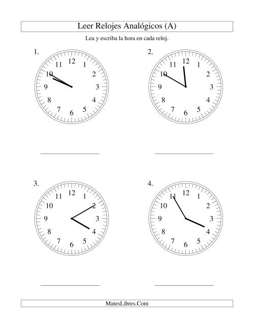 La hoja de ejercicios de Leer la Hora en un Reloj Analógico en Intervalos de 5 Minutos (Grande)