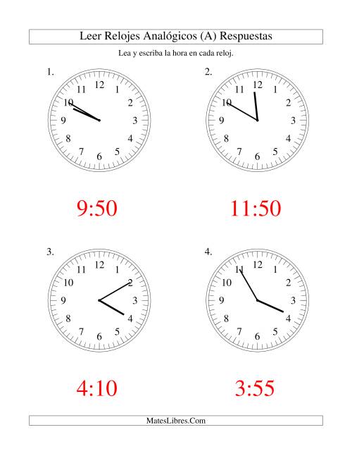 La hoja de ejercicios de Leer la Hora en un Reloj Analógico en Intervalos de 5 Minutos (Grande) Página 2