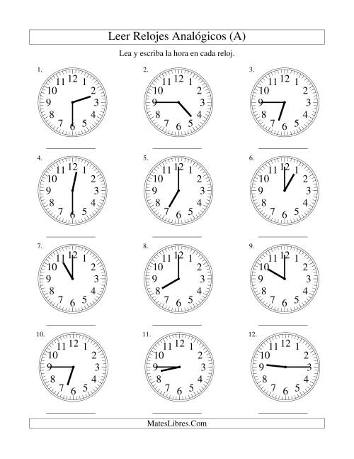 La hoja de ejercicios de Leer la Hora en un Reloj Analógico en Intervalos de 15 Minutos (A)
