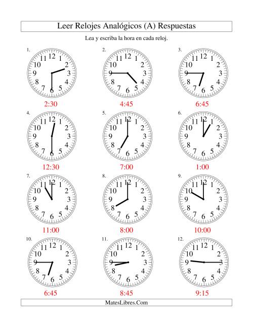 La hoja de ejercicios de Leer la Hora en un Reloj Analógico en Intervalos de 15 Minutos (A) Página 2